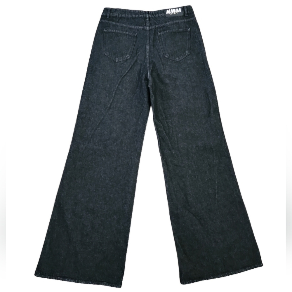 Minga London Bones Black Washed Denim Jeans Skeleton Print Wide Baggy Leg SZ 36 - Picture 8 of 16